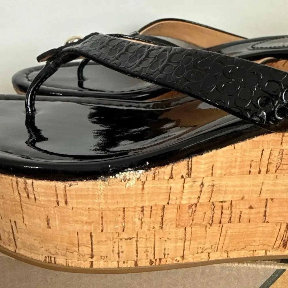 Coach Signature Black Patent Leather Women Wedge Sandals - SZ 8